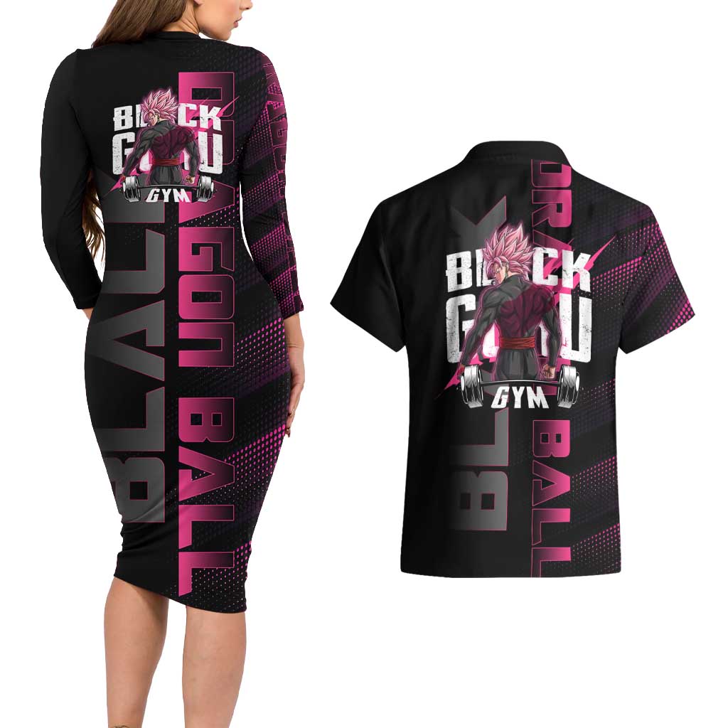 Goku Black Rose Dragon Ball Gym Theme Couples Matching Long Sleeve Bodycon Dress and Hawaiian Shirt with Dumbbell Power Lift and Pink Electric Aura on Black Design - The Mazicc