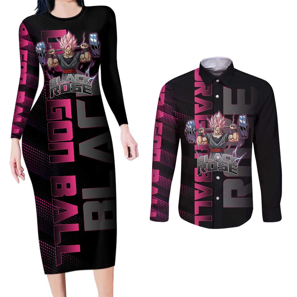 Goku Black Rose Dragon Ball Gym Theme Couples Matching Long Sleeve Bodycon Dress and Long Sleeve Button Shirt with Dumbbell Power Lift and Pink Electric Aura on Black Design - The Mazicc