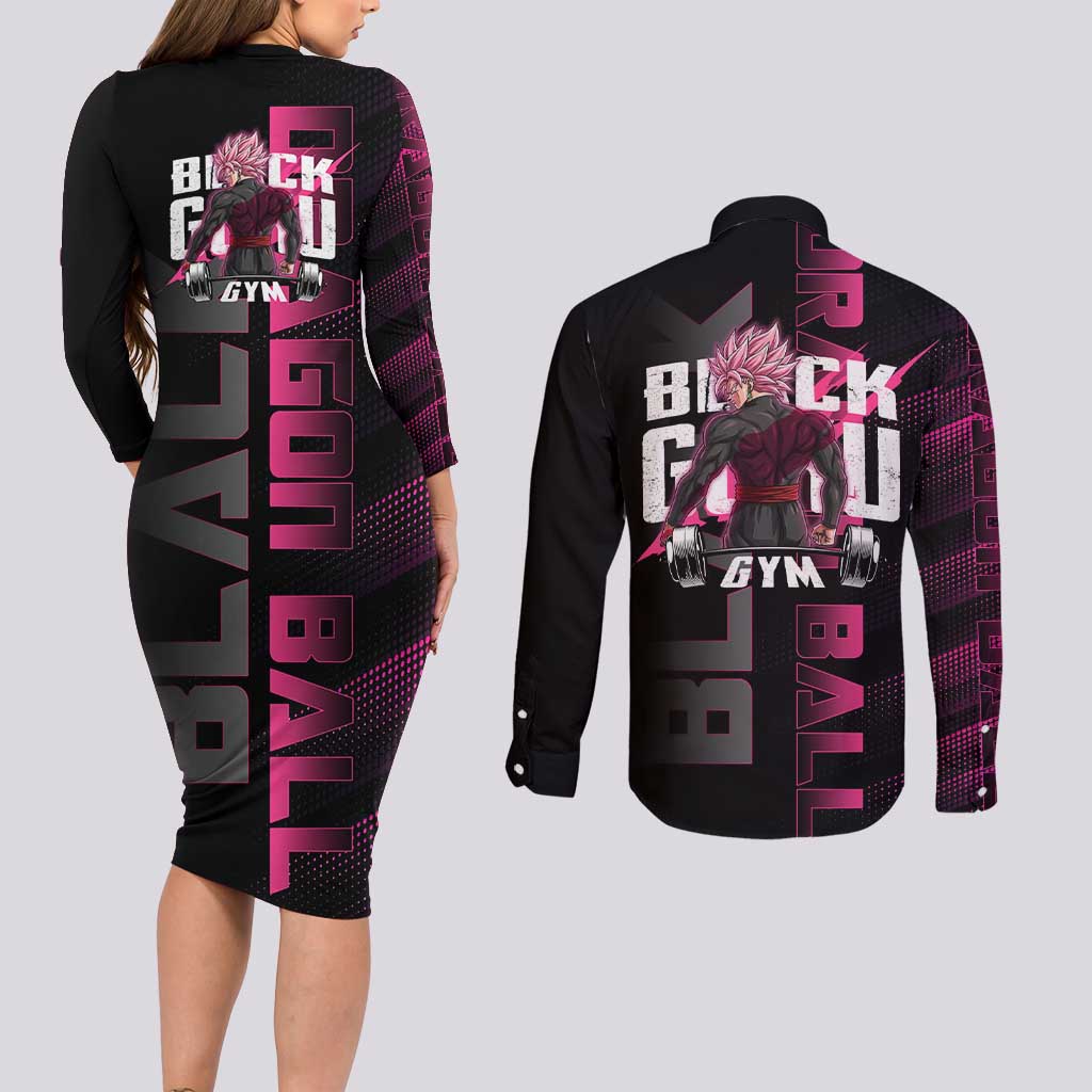 Goku Black Rose Dragon Ball Gym Theme Couples Matching Long Sleeve Bodycon Dress and Long Sleeve Button Shirt with Dumbbell Power Lift and Pink Electric Aura on Black Design - The Mazicc