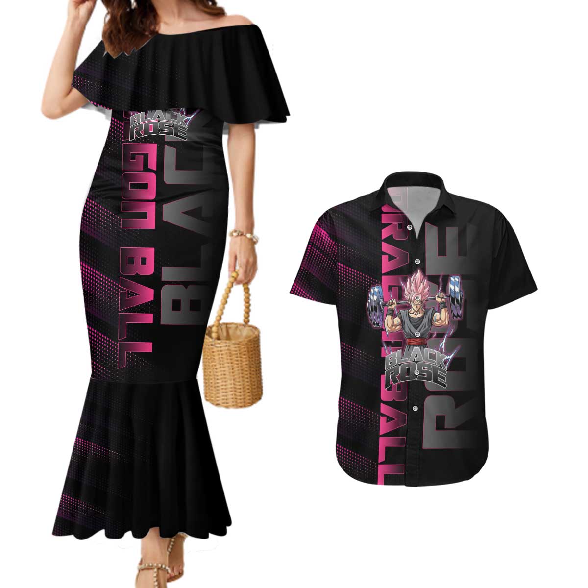 Goku Black Rose Dragon Ball Gym Theme Couples Matching Mermaid Dress and Hawaiian Shirt with Dumbbell Power Lift and Pink Electric Aura on Black Design - The Mazicc