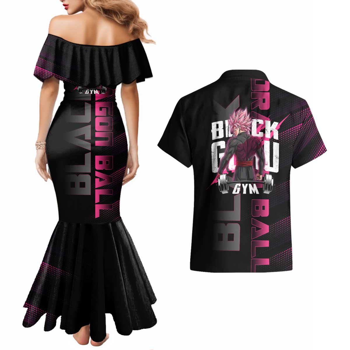 Goku Black Rose Dragon Ball Gym Theme Couples Matching Mermaid Dress and Hawaiian Shirt with Dumbbell Power Lift and Pink Electric Aura on Black Design - The Mazicc
