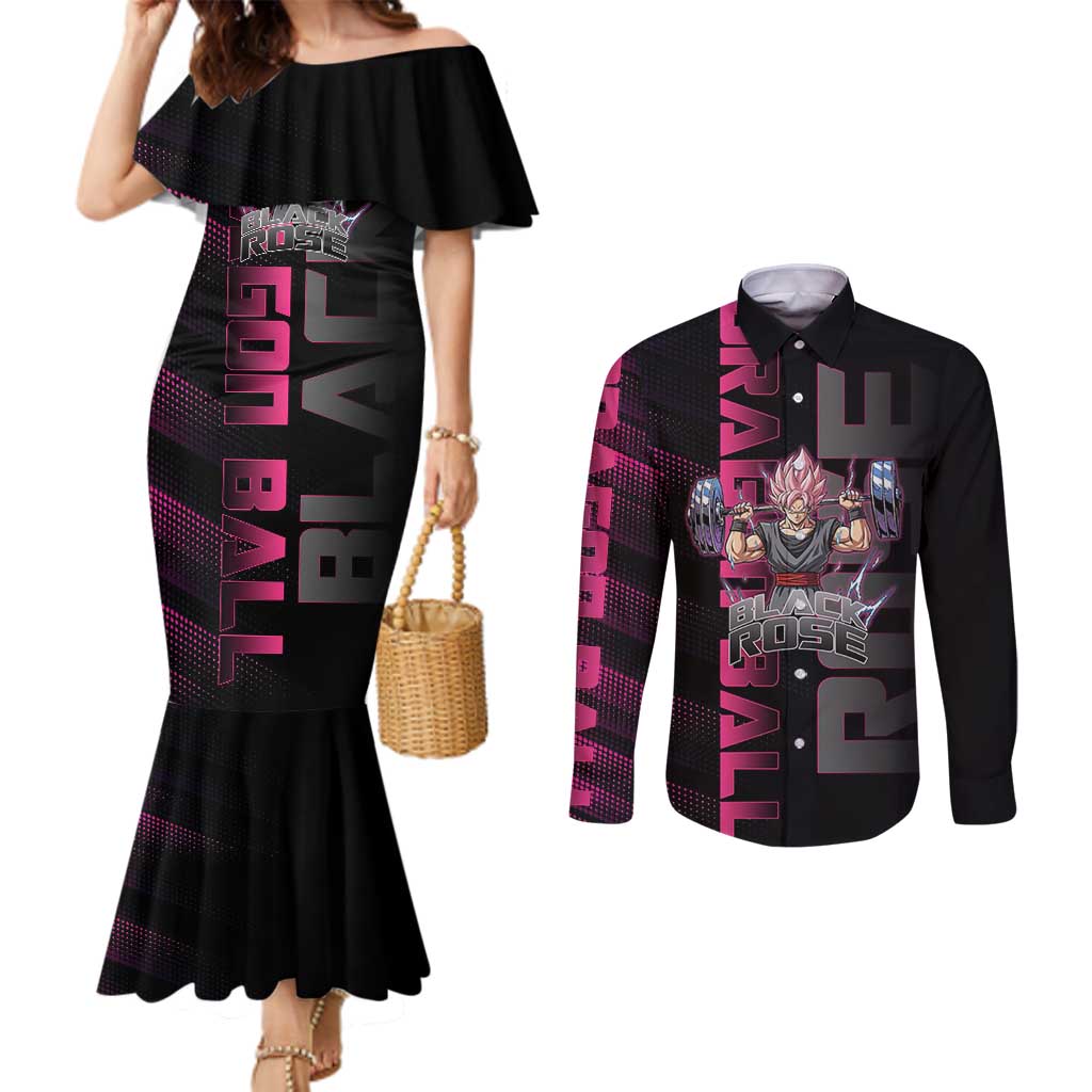 Goku Black Rose Dragon Ball Gym Theme Couples Matching Mermaid Dress and Long Sleeve Button Shirt with Dumbbell Power Lift and Pink Electric Aura on Black Design - The Mazicc