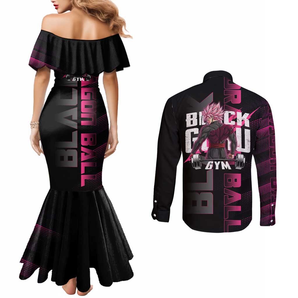 Goku Black Rose Dragon Ball Gym Theme Couples Matching Mermaid Dress and Long Sleeve Button Shirt with Dumbbell Power Lift and Pink Electric Aura on Black Design - The Mazicc
