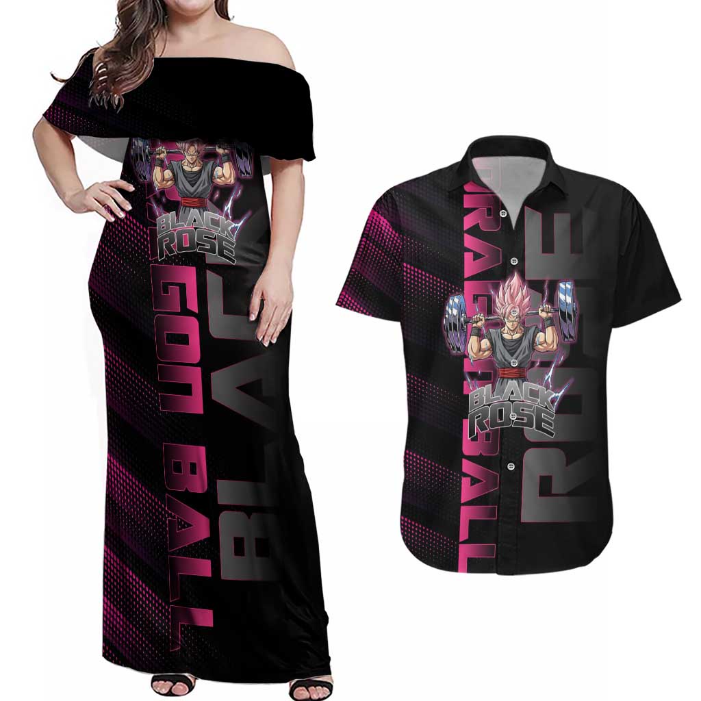 Goku Black Rose Dragon Ball Gym Theme Couples Matching Off Shoulder Maxi Dress and Hawaiian Shirt with Dumbbell Power Lift and Pink Electric Aura on Black Design - The Mazicc