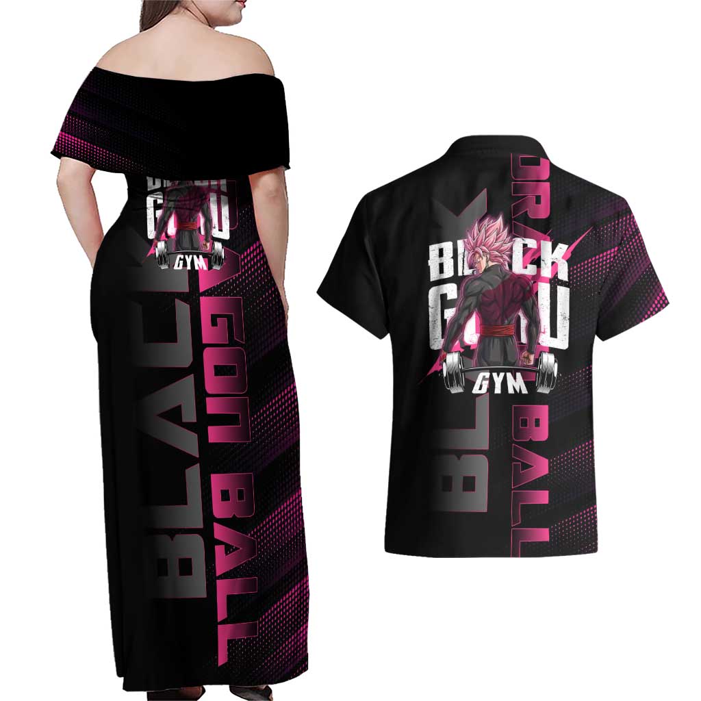 Goku Black Rose Dragon Ball Gym Theme Couples Matching Off Shoulder Maxi Dress and Hawaiian Shirt with Dumbbell Power Lift and Pink Electric Aura on Black Design - The Mazicc