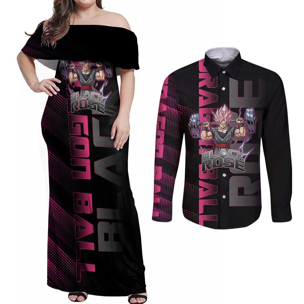 Goku Black Rose Dragon Ball Gym Theme Couples Matching Off Shoulder Maxi Dress and Long Sleeve Button Shirt with Dumbbell Power Lift and Pink Electric Aura on Black Design - The Mazicc