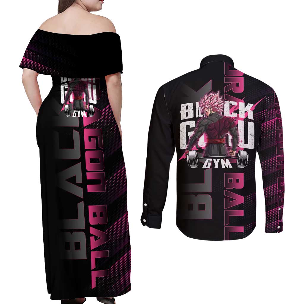 Goku Black Rose Dragon Ball Gym Theme Couples Matching Off Shoulder Maxi Dress and Long Sleeve Button Shirt with Dumbbell Power Lift and Pink Electric Aura on Black Design - The Mazicc