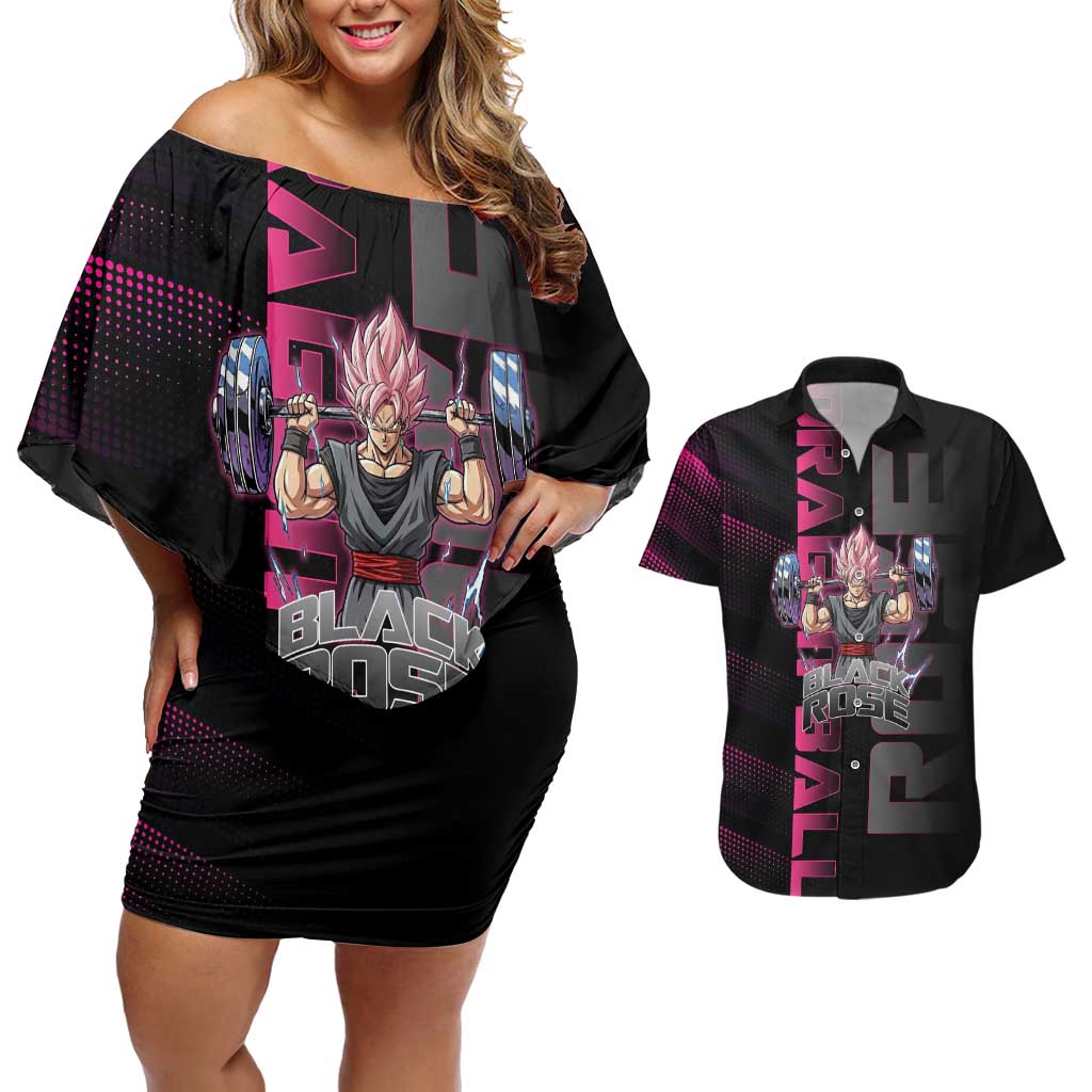 Goku Black Rose Dragon Ball Gym Theme Couples Matching Off Shoulder Short Dress and Hawaiian Shirt with Dumbbell Power Lift and Pink Electric Aura on Black Design - The Mazicc