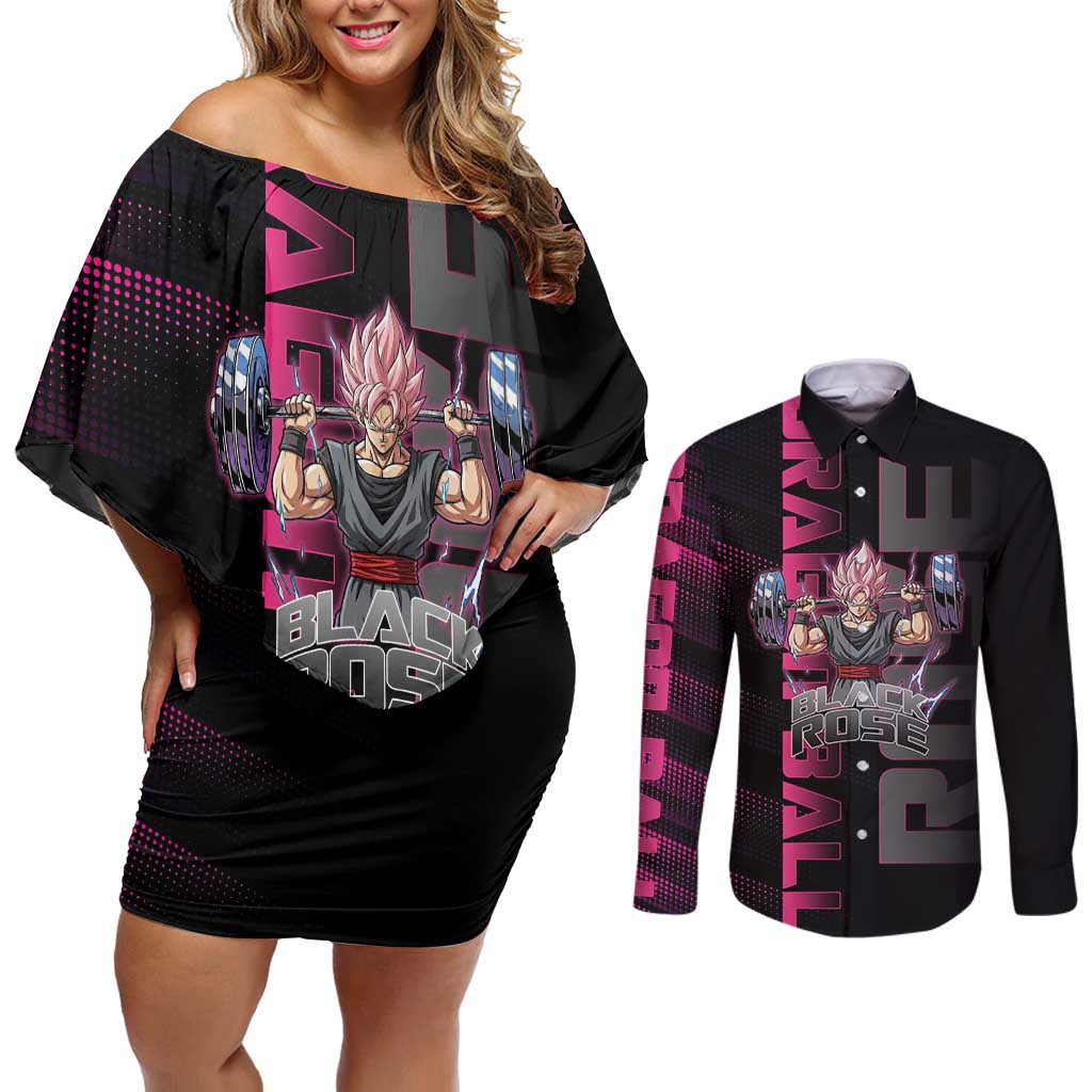 Goku Black Rose Dragon Ball Gym Theme Couples Matching Off Shoulder Short Dress and Long Sleeve Button Shirt with Dumbbell Power Lift and Pink Electric Aura on Black Design - The Mazicc