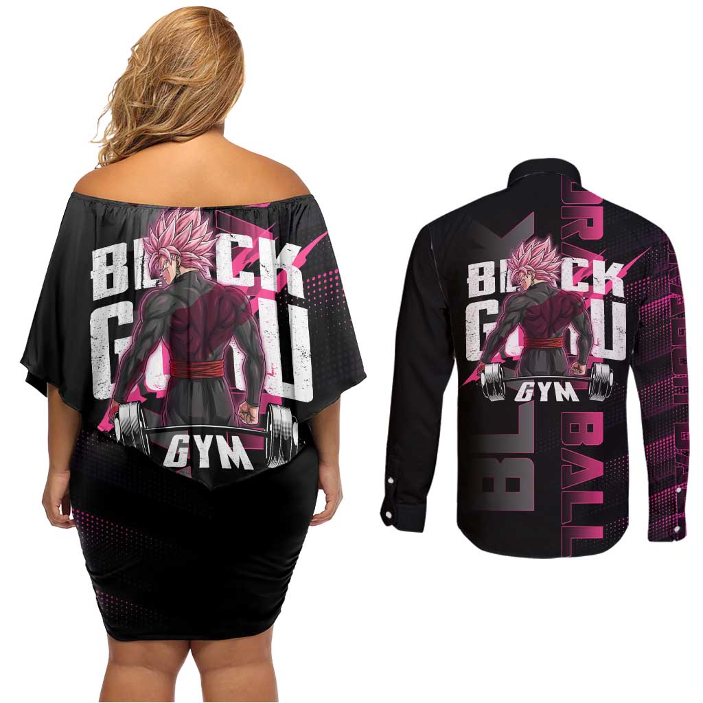 Goku Black Rose Dragon Ball Gym Theme Couples Matching Off Shoulder Short Dress and Long Sleeve Button Shirt with Dumbbell Power Lift and Pink Electric Aura on Black Design - The Mazicc