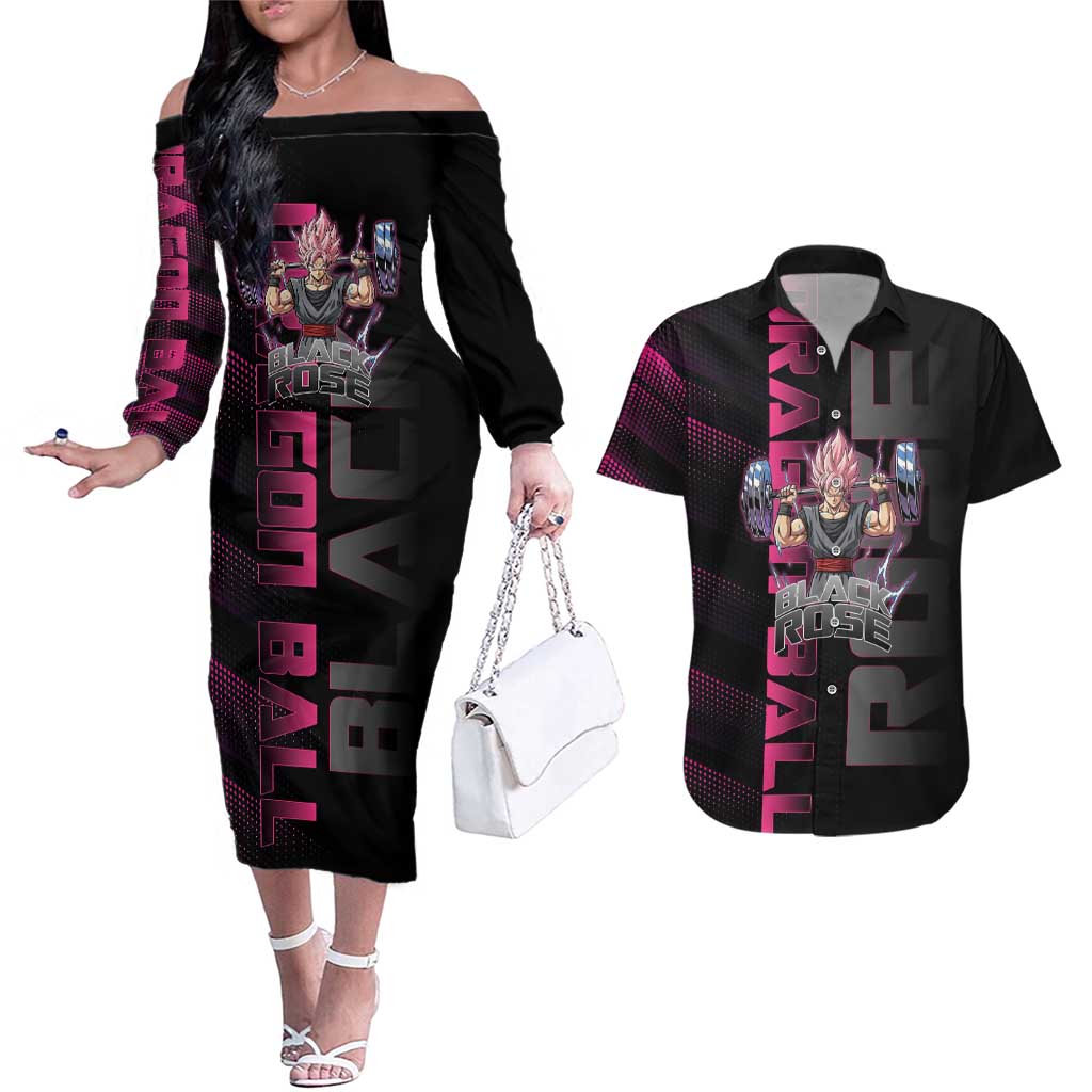 Goku Black Rose Dragon Ball Gym Theme Couples Matching Off The Shoulder Long Sleeve Dress and Hawaiian Shirt with Dumbbell Power Lift and Pink Electric Aura on Black Design - The Mazicc