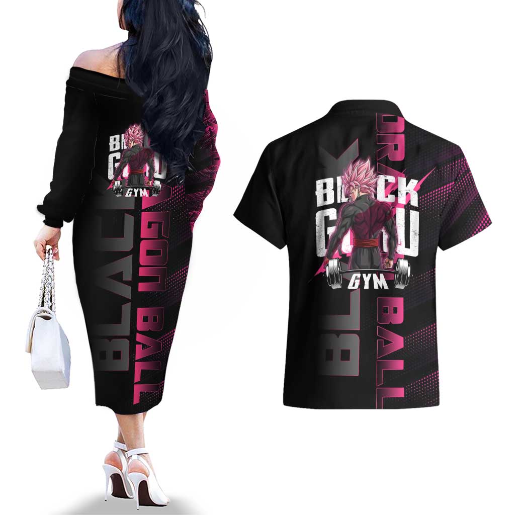 Goku Black Rose Dragon Ball Gym Theme Couples Matching Off The Shoulder Long Sleeve Dress and Hawaiian Shirt with Dumbbell Power Lift and Pink Electric Aura on Black Design - The Mazicc