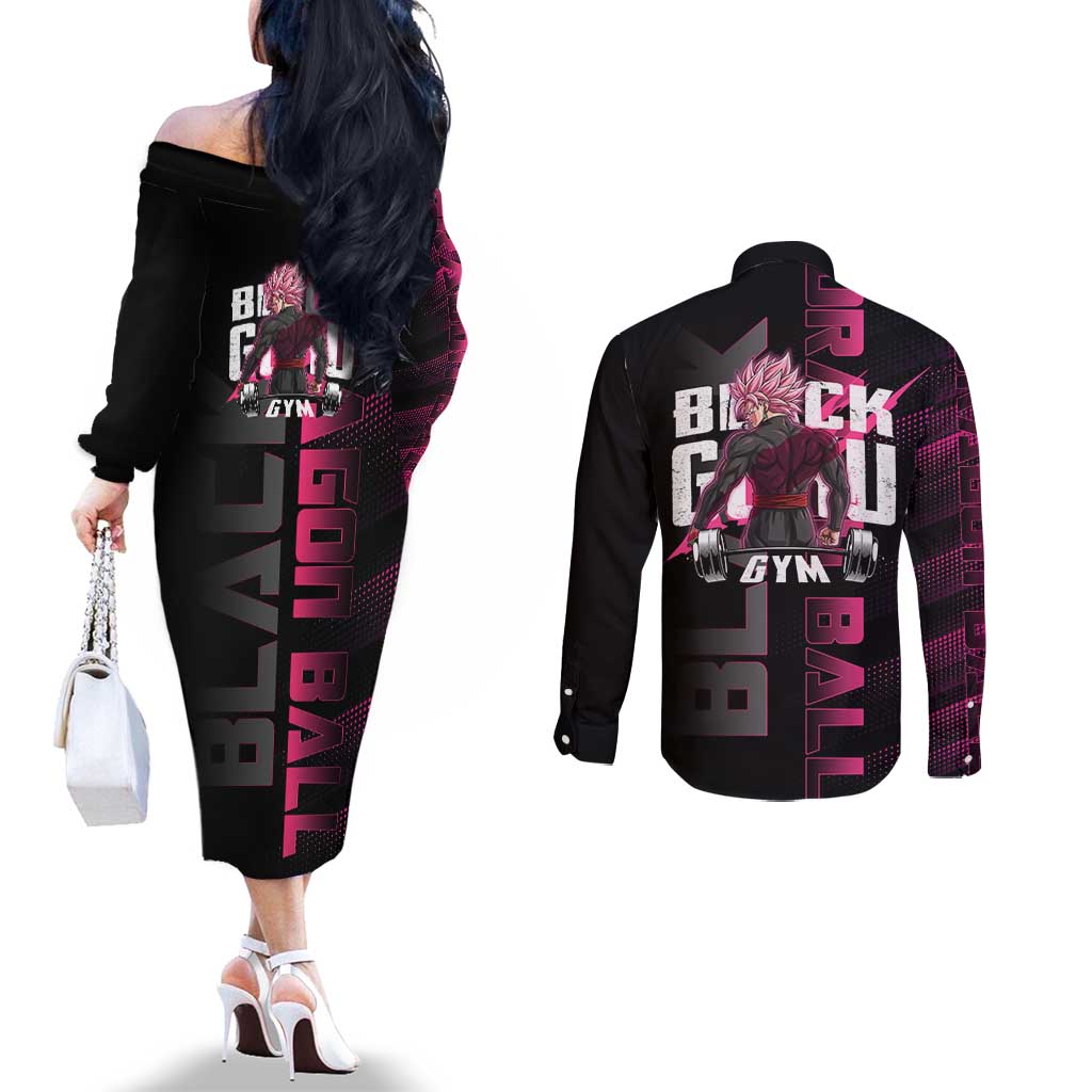 Goku Black Rose Dragon Ball Gym Theme Couples Matching Off The Shoulder Long Sleeve Dress and Long Sleeve Button Shirt with Dumbbell Power Lift and Pink Electric Aura on Black Design - The Mazicc