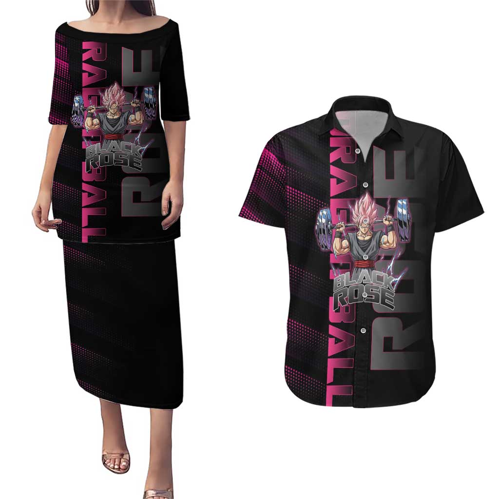 Goku Black Rose Dragon Ball Gym Theme Couples Matching Puletasi and Hawaiian Shirt with Dumbbell Power Lift and Pink Electric Aura on Black Design - The Mazicc