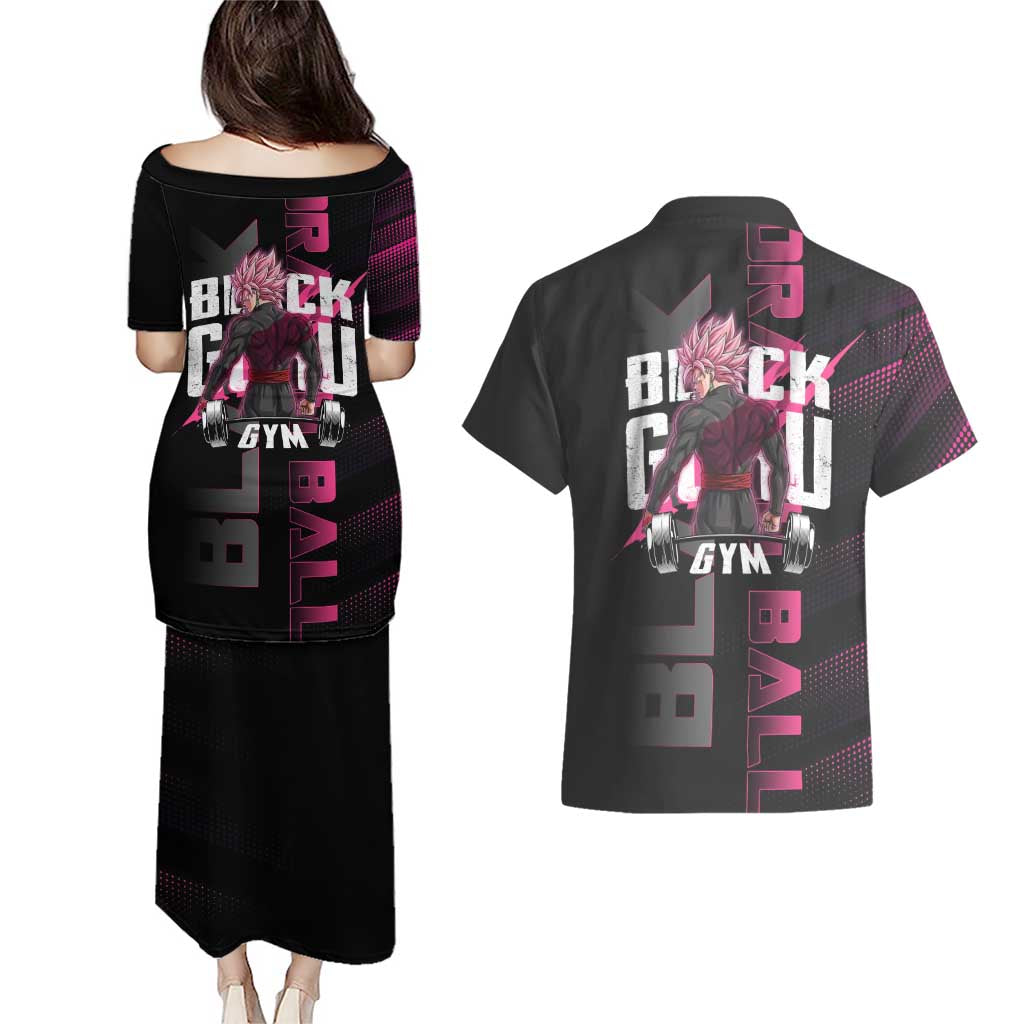 Goku Black Rose Dragon Ball Gym Theme Couples Matching Puletasi and Hawaiian Shirt with Dumbbell Power Lift and Pink Electric Aura on Black Design - The Mazicc