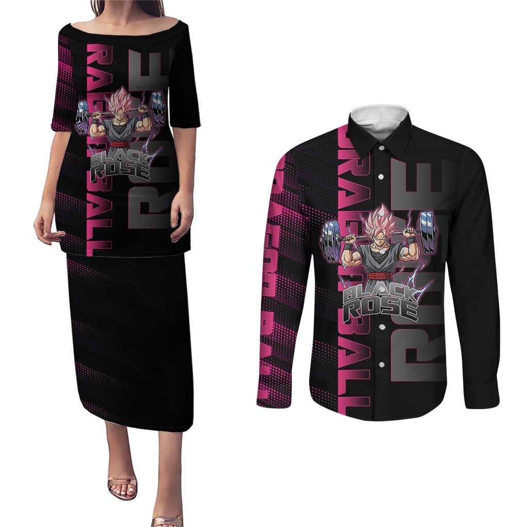 Goku Black Rose Dragon Ball Gym Theme Couples Matching Puletasi and Long Sleeve Button Shirt with Dumbbell Power Lift and Pink Electric Aura on Black Design - The Mazicc