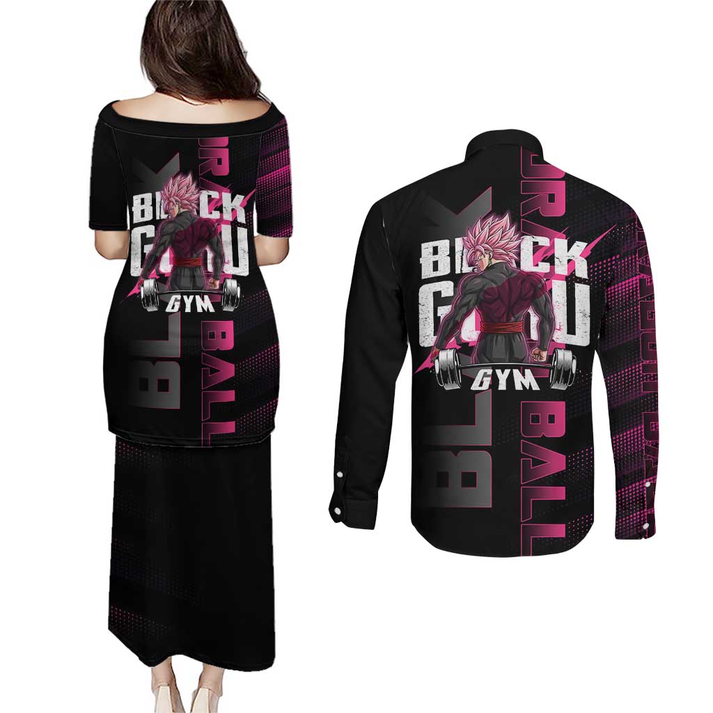 Goku Black Rose Dragon Ball Gym Theme Couples Matching Puletasi and Long Sleeve Button Shirt with Dumbbell Power Lift and Pink Electric Aura on Black Design - The Mazicc