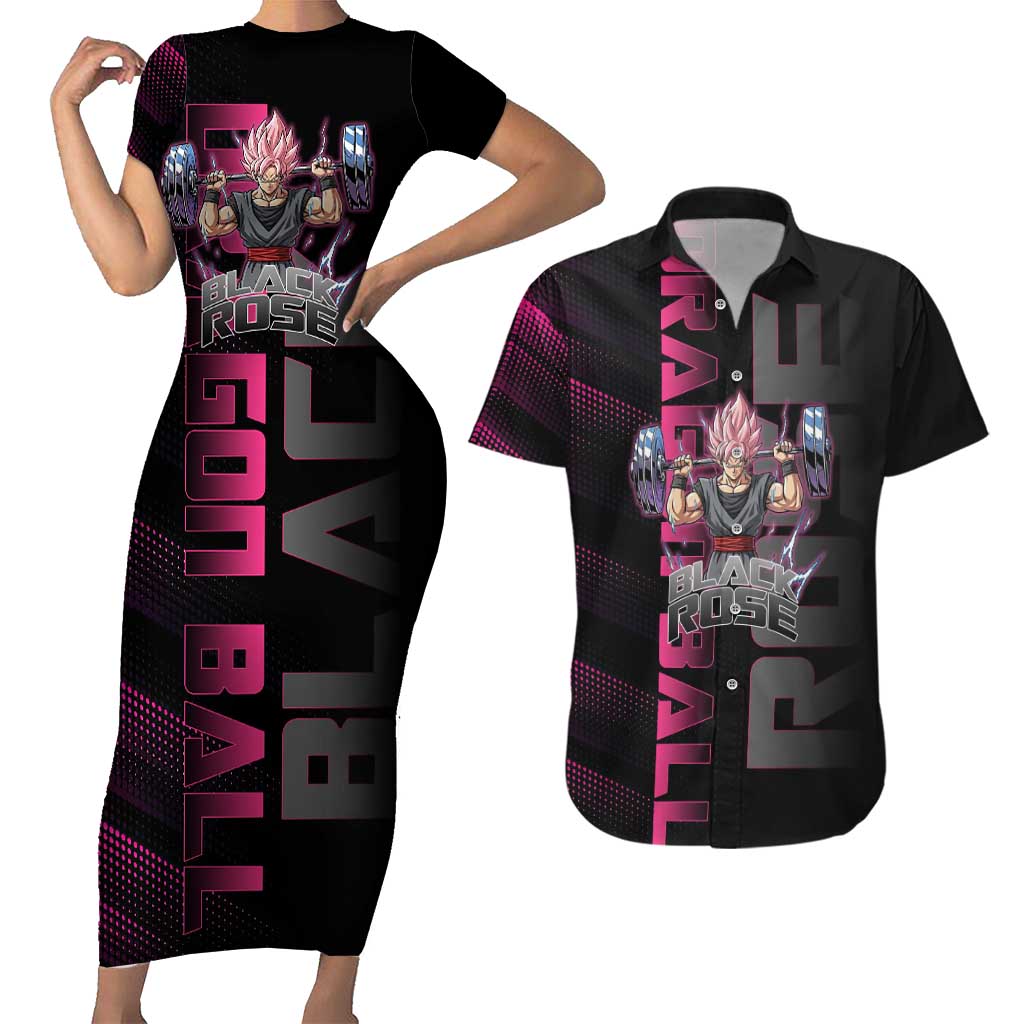 Goku Black Rose Dragon Ball Gym Theme Couples Matching Short Sleeve Bodycon Dress and Hawaiian Shirt with Dumbbell Power Lift and Pink Electric Aura on Black Design - The Mazicc