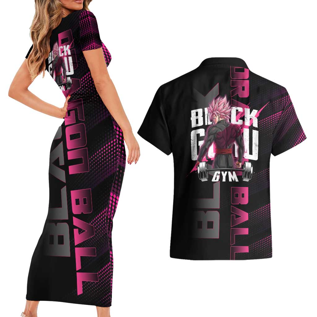 Goku Black Rose Dragon Ball Gym Theme Couples Matching Short Sleeve Bodycon Dress and Hawaiian Shirt with Dumbbell Power Lift and Pink Electric Aura on Black Design - The Mazicc