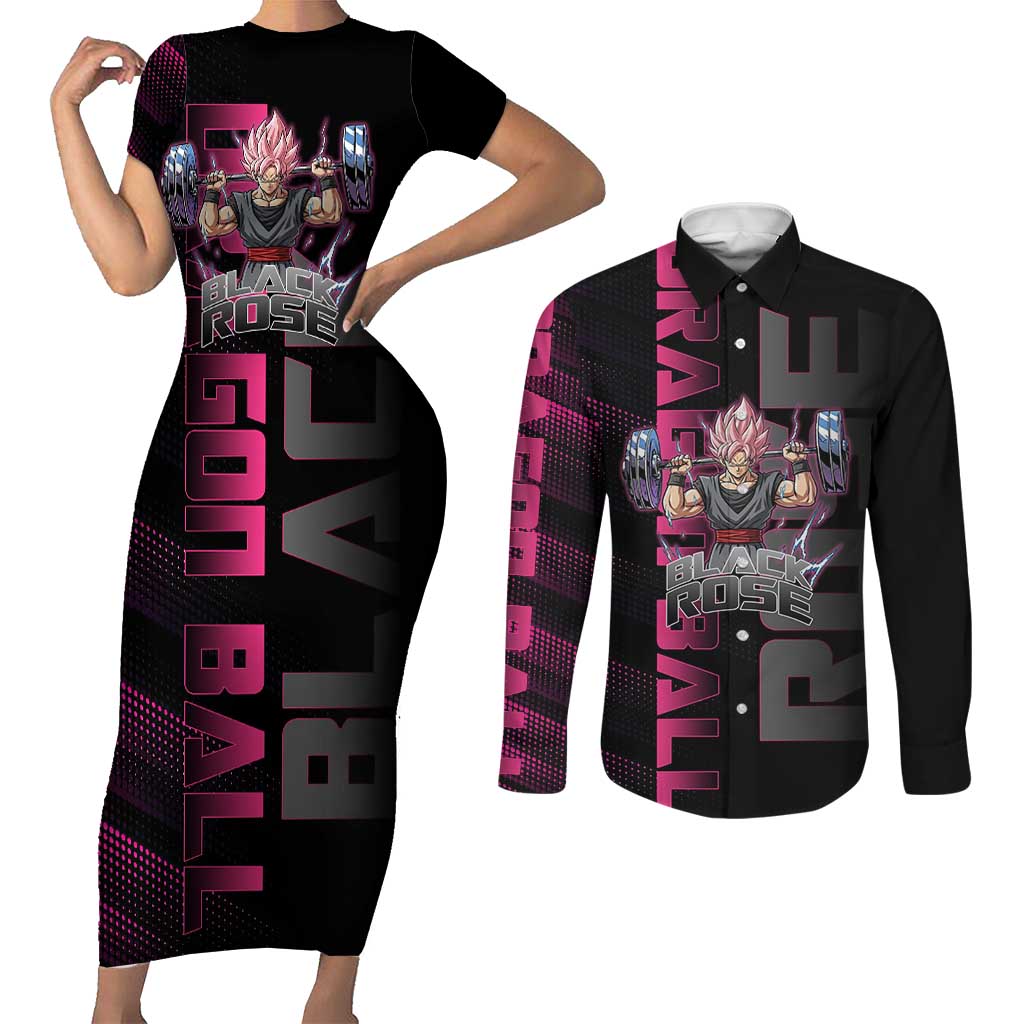 Goku Black Rose Dragon Ball Gym Theme Couples Matching Short Sleeve Bodycon Dress and Long Sleeve Button Shirt with Dumbbell Power Lift and Pink Electric Aura on Black Design - The Mazicc