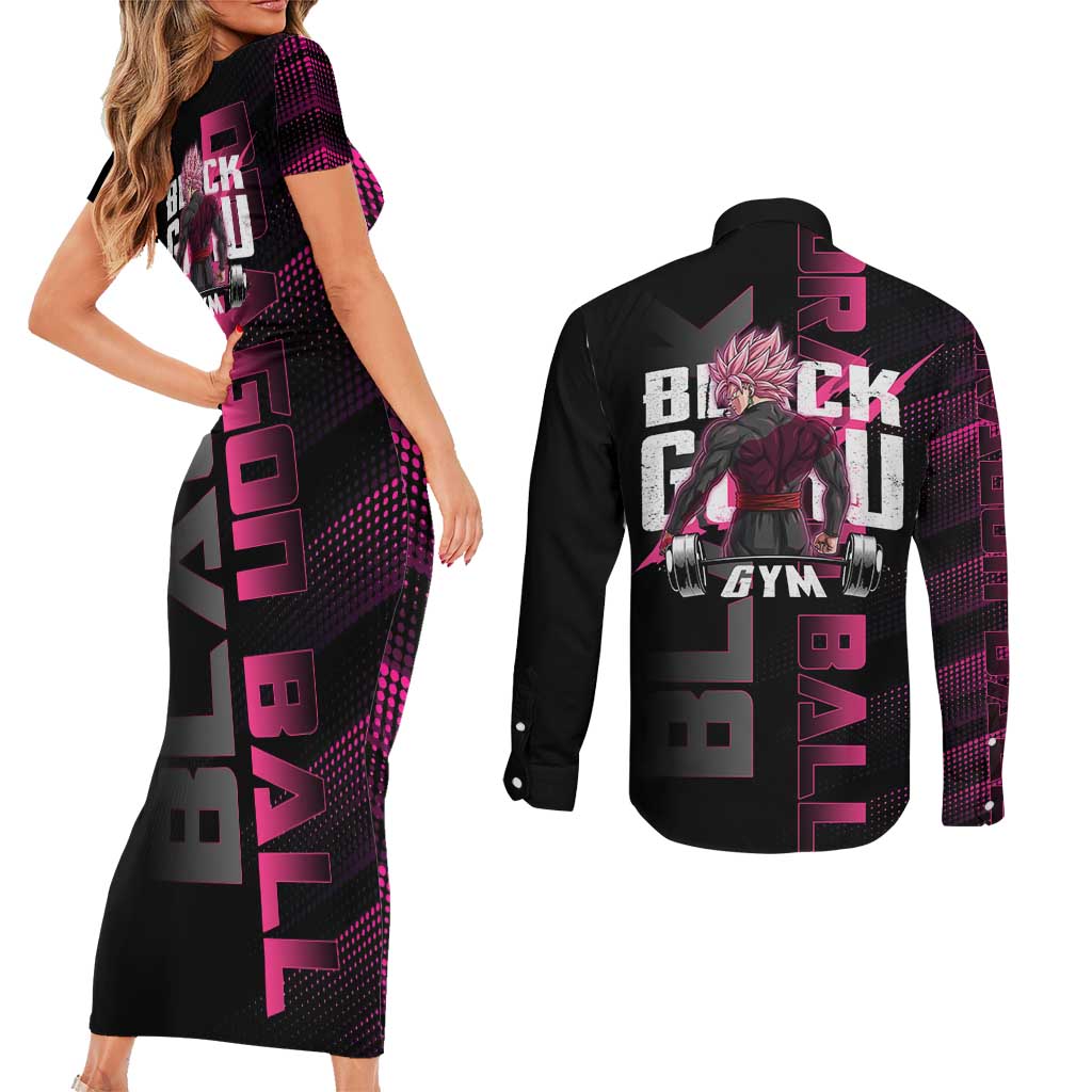 Goku Black Rose Dragon Ball Gym Theme Couples Matching Short Sleeve Bodycon Dress and Long Sleeve Button Shirt with Dumbbell Power Lift and Pink Electric Aura on Black Design - The Mazicc