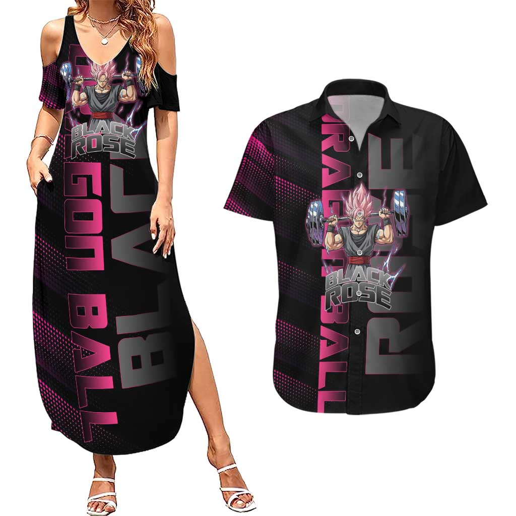 Goku Black Rose Dragon Ball Gym Theme Couples Matching Summer Maxi Dress and Hawaiian Shirt with Dumbbell Power Lift and Pink Electric Aura on Black Design - The Mazicc