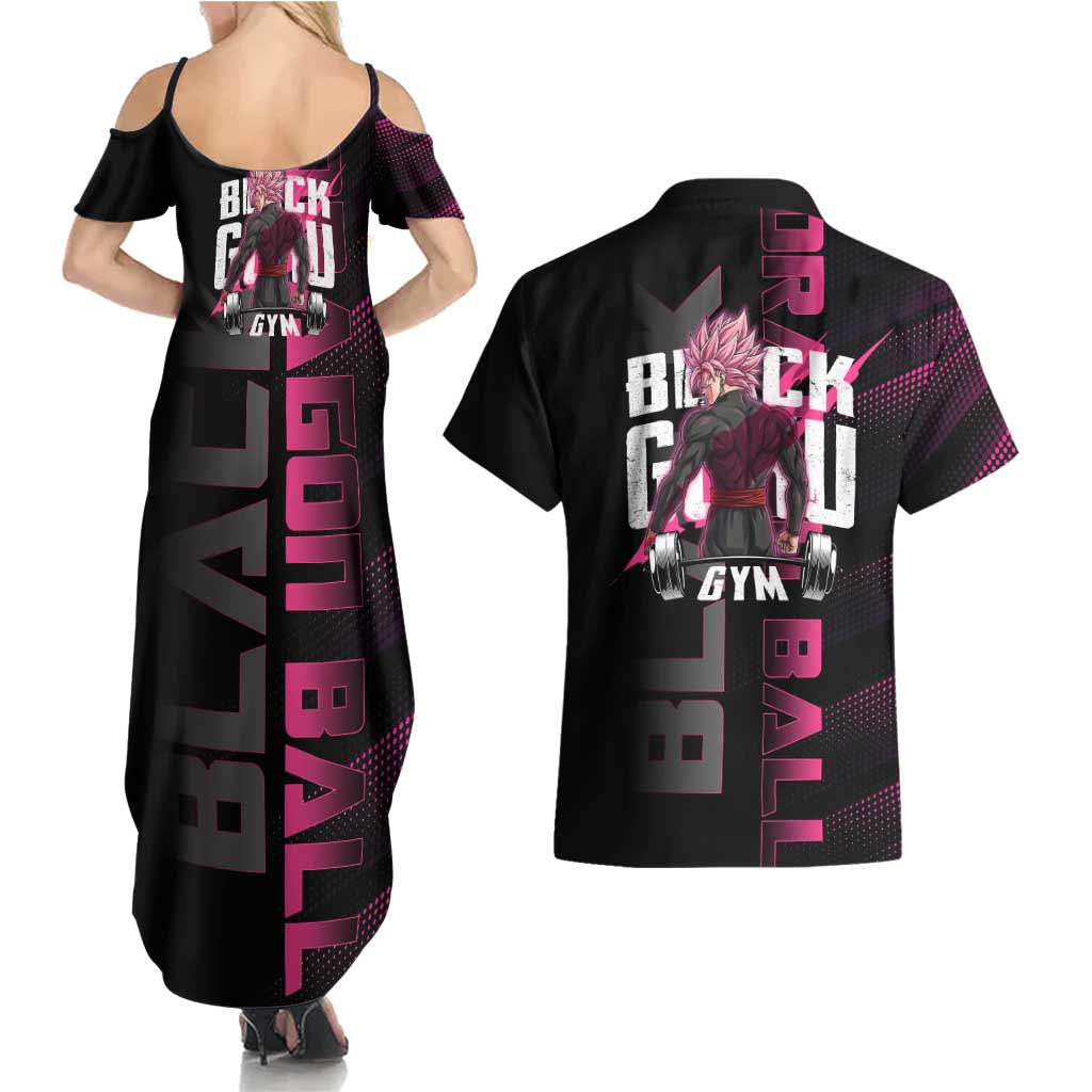 Goku Black Rose Dragon Ball Gym Theme Couples Matching Summer Maxi Dress and Hawaiian Shirt with Dumbbell Power Lift and Pink Electric Aura on Black Design - The Mazicc