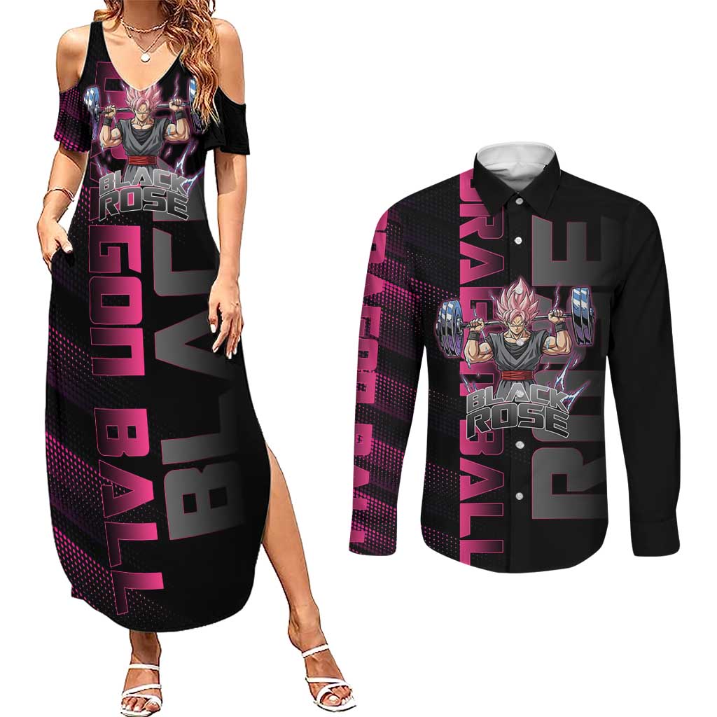 Goku Black Rose Dragon Ball Gym Theme Couples Matching Summer Maxi Dress and Long Sleeve Button Shirt with Dumbbell Power Lift and Pink Electric Aura on Black Design - The Mazicc