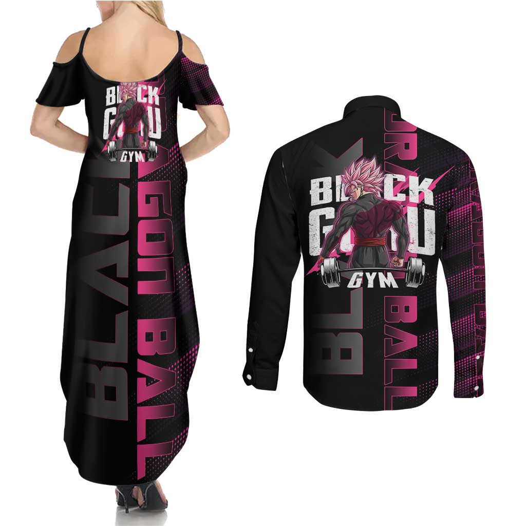 Goku Black Rose Dragon Ball Gym Theme Couples Matching Summer Maxi Dress and Long Sleeve Button Shirt with Dumbbell Power Lift and Pink Electric Aura on Black Design - The Mazicc