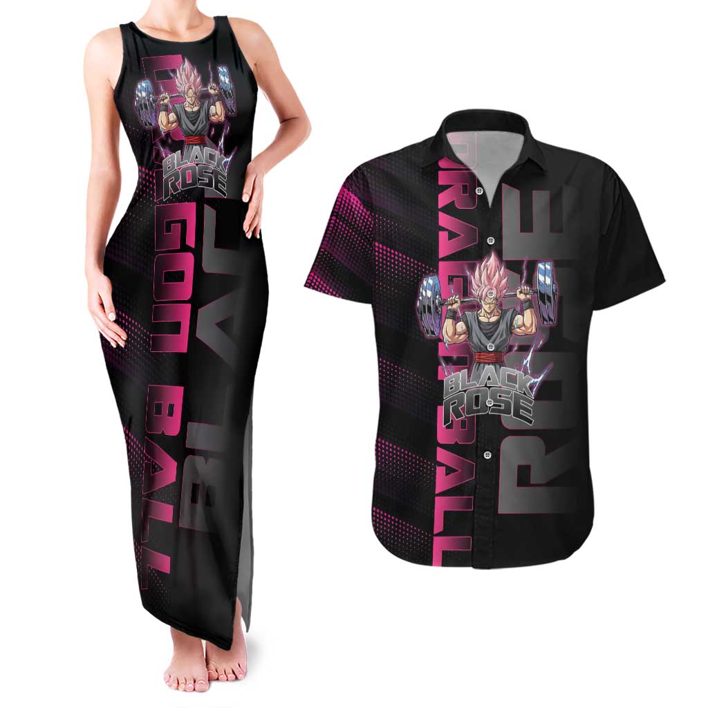 Goku Black Rose Dragon Ball Gym Theme Couples Matching Tank Maxi Dress and Hawaiian Shirt with Dumbbell Power Lift and Pink Electric Aura on Black Design - The Mazicc