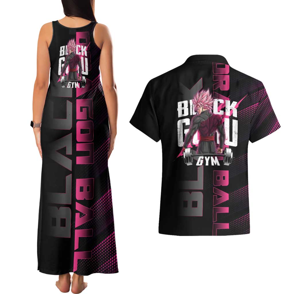 Goku Black Rose Dragon Ball Gym Theme Couples Matching Tank Maxi Dress and Hawaiian Shirt with Dumbbell Power Lift and Pink Electric Aura on Black Design - The Mazicc
