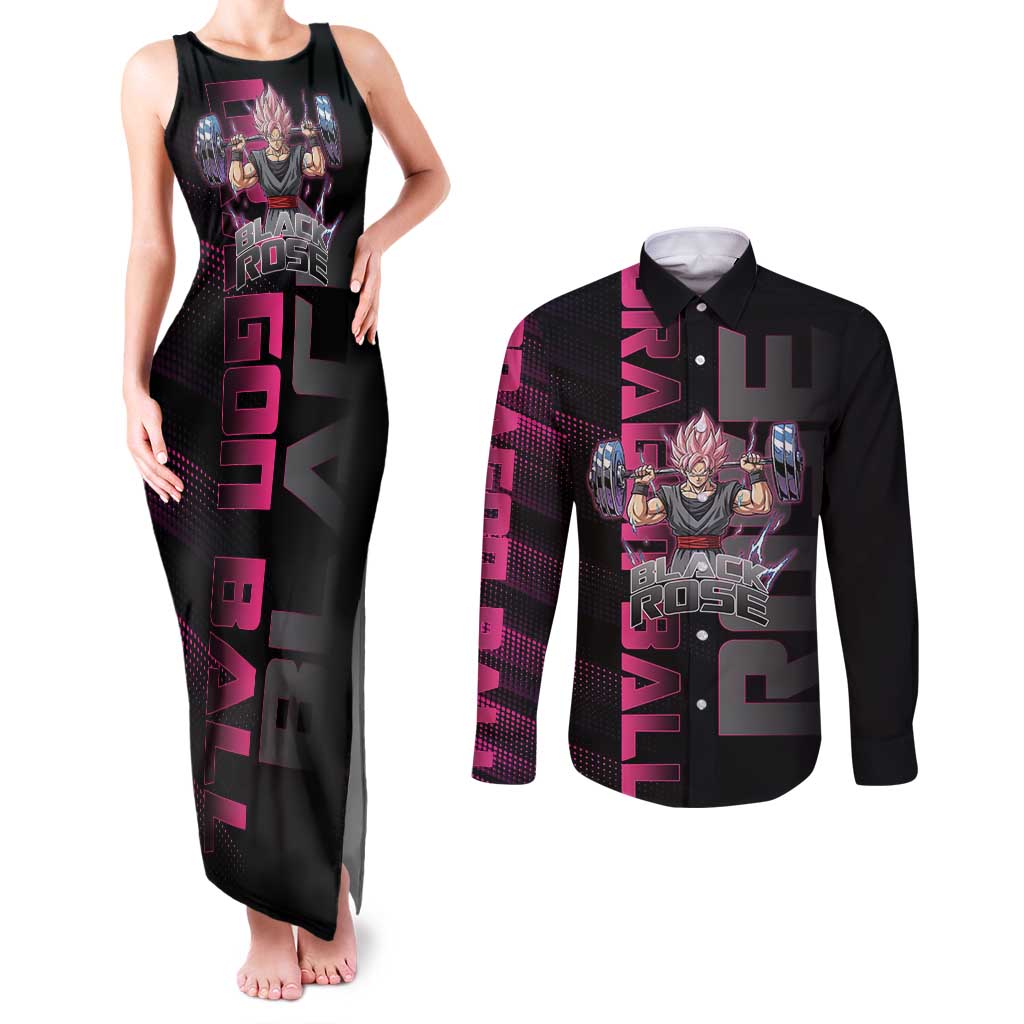 Goku Black Rose Dragon Ball Gym Theme Couples Matching Tank Maxi Dress and Long Sleeve Button Shirt with Dumbbell Power Lift and Pink Electric Aura on Black Design - The Mazicc
