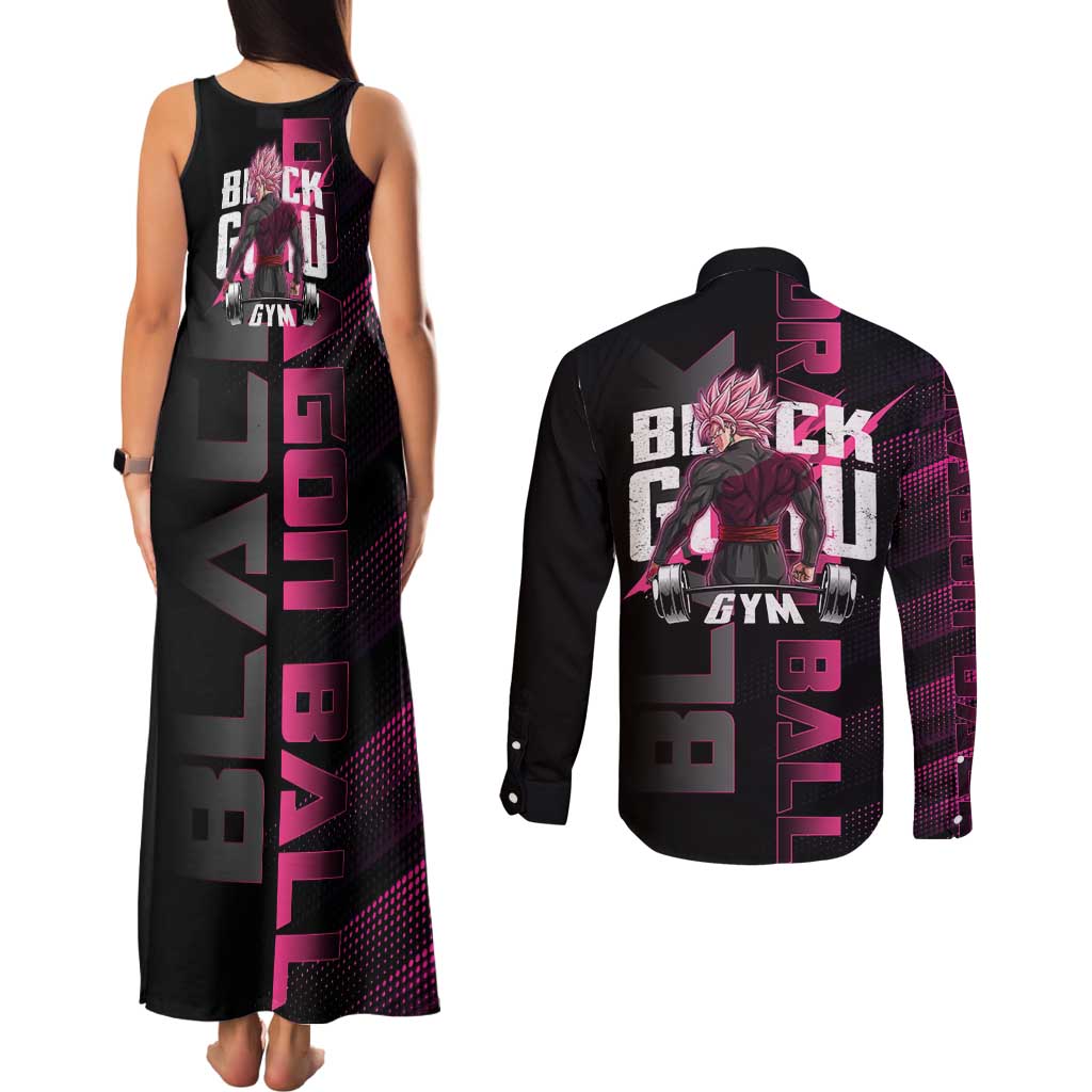 Goku Black Rose Dragon Ball Gym Theme Couples Matching Tank Maxi Dress and Long Sleeve Button Shirt with Dumbbell Power Lift and Pink Electric Aura on Black Design - The Mazicc