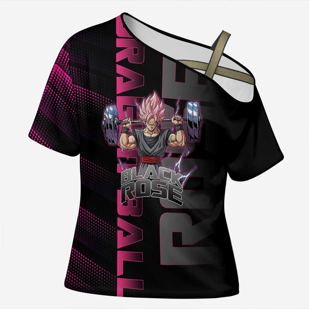 Goku Black Rose Dragon Ball Gym Theme Cross Shoulder Shirt with Dumbbell Power Lift and Pink Electric Aura on Black Design - The Mazicc