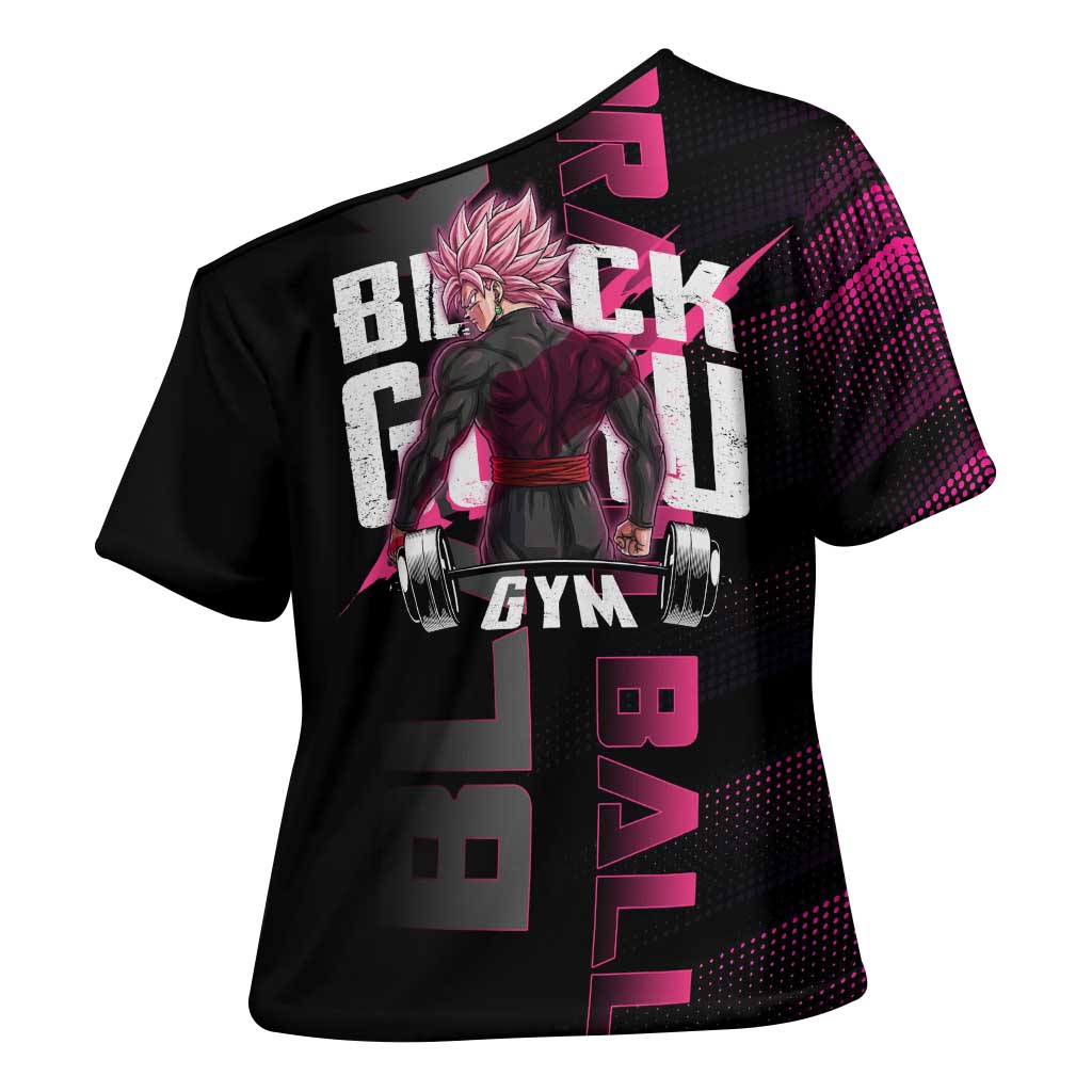 Goku Black Rose Dragon Ball Gym Theme Cross Shoulder Shirt with Dumbbell Power Lift and Pink Electric Aura on Black Design - The Mazicc