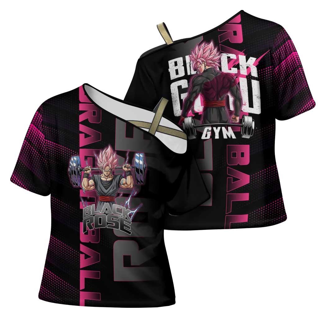 Goku Black Rose Dragon Ball Gym Theme Cross Shoulder Shirt with Dumbbell Power Lift and Pink Electric Aura on Black Design - The Mazicc