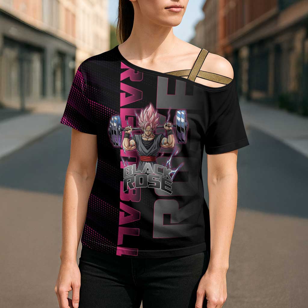 Goku Black Rose Dragon Ball Gym Theme Cross Shoulder Shirt with Dumbbell Power Lift and Pink Electric Aura on Black Design - The Mazicc