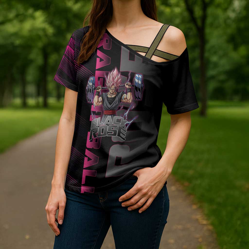 Goku Black Rose Dragon Ball Gym Theme Cross Shoulder Shirt with Dumbbell Power Lift and Pink Electric Aura on Black Design - The Mazicc
