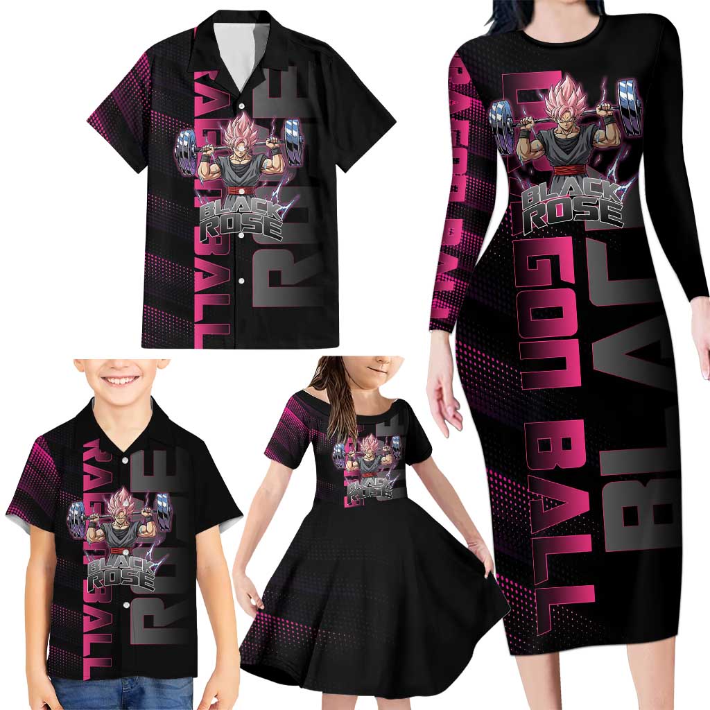 Goku Black Rose Dragon Ball Gym Theme Family Matching Long Sleeve Bodycon Dress and Hawaiian Shirt with Dumbbell Power Lift and Pink Electric Aura on Black Design
