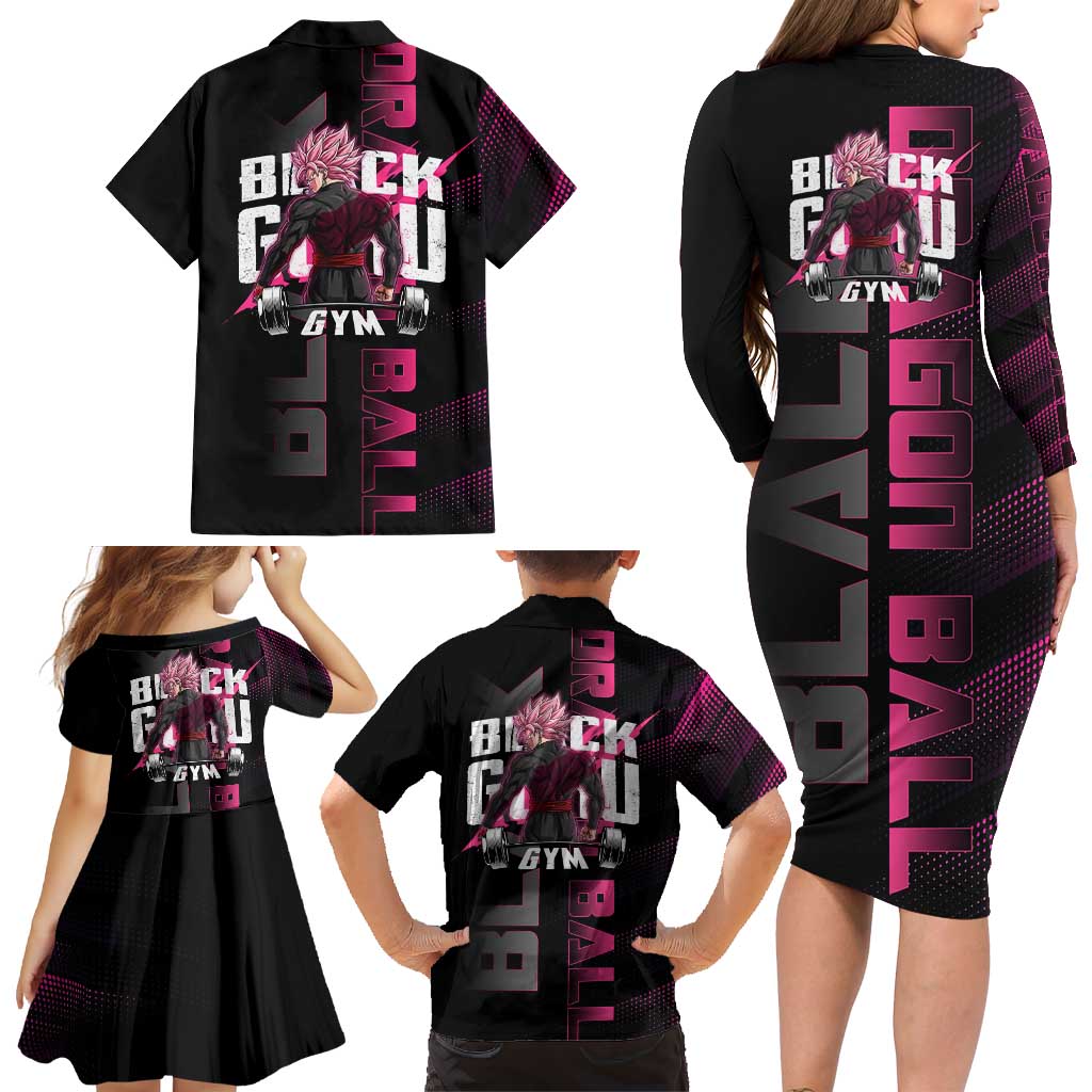 Goku Black Rose Dragon Ball Gym Theme Family Matching Long Sleeve Bodycon Dress and Hawaiian Shirt with Dumbbell Power Lift and Pink Electric Aura on Black Design