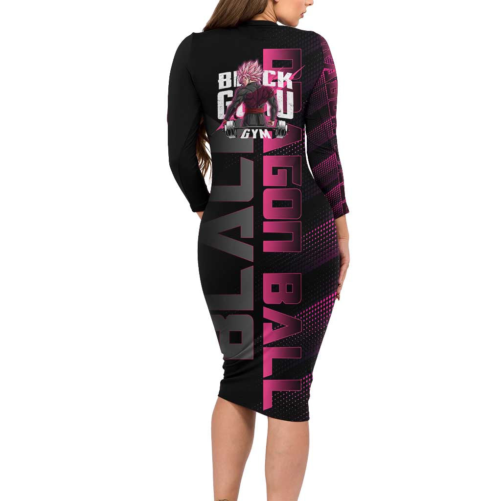Goku Black Rose Dragon Ball Gym Theme Family Matching Long Sleeve Bodycon Dress and Hawaiian Shirt with Dumbbell Power Lift and Pink Electric Aura on Black Design