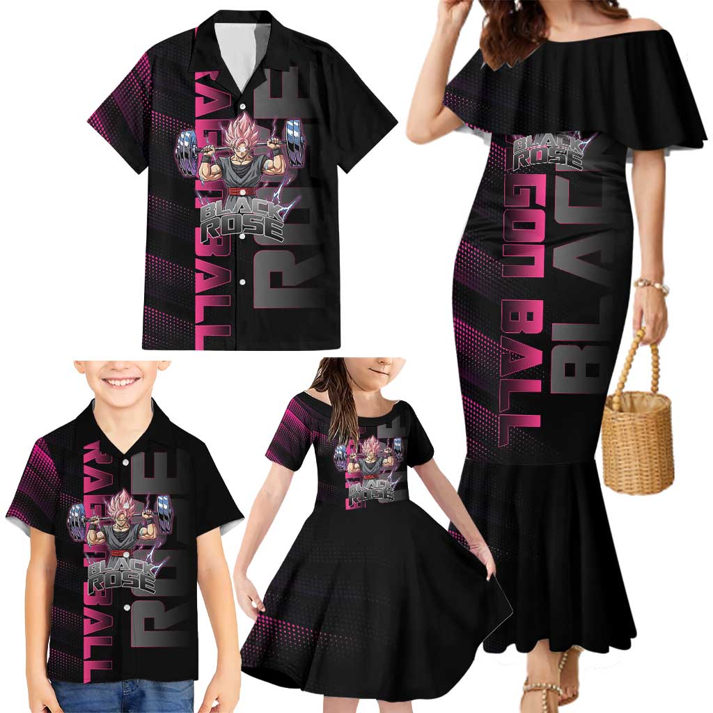 Goku Black Rose Dragon Ball Gym Theme Family Matching Mermaid Dress and Hawaiian Shirt with Dumbbell Power Lift and Pink Electric Aura on Black Design