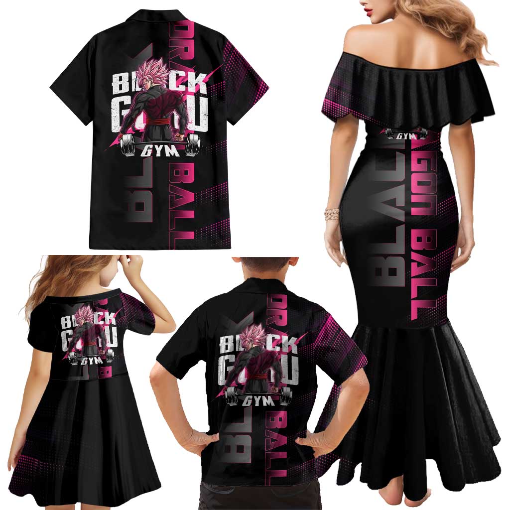 Goku Black Rose Dragon Ball Gym Theme Family Matching Mermaid Dress and Hawaiian Shirt with Dumbbell Power Lift and Pink Electric Aura on Black Design