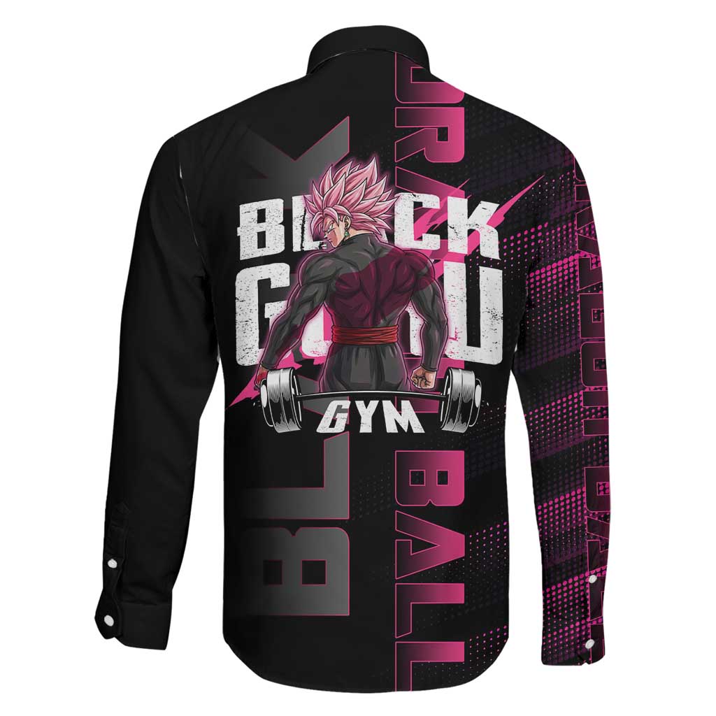 Goku Black Rose Dragon Ball Gym Theme Family Matching Mermaid Dress and Hawaiian Shirt with Dumbbell Power Lift and Pink Electric Aura on Black Design