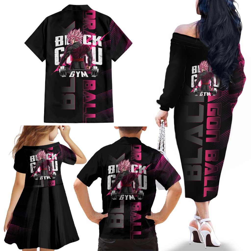 Goku Black Rose Dragon Ball Gym Theme Family Matching Off The Shoulder Long Sleeve Dress and Hawaiian Shirt with Dumbbell Power Lift and Pink Electric Aura on Black Design