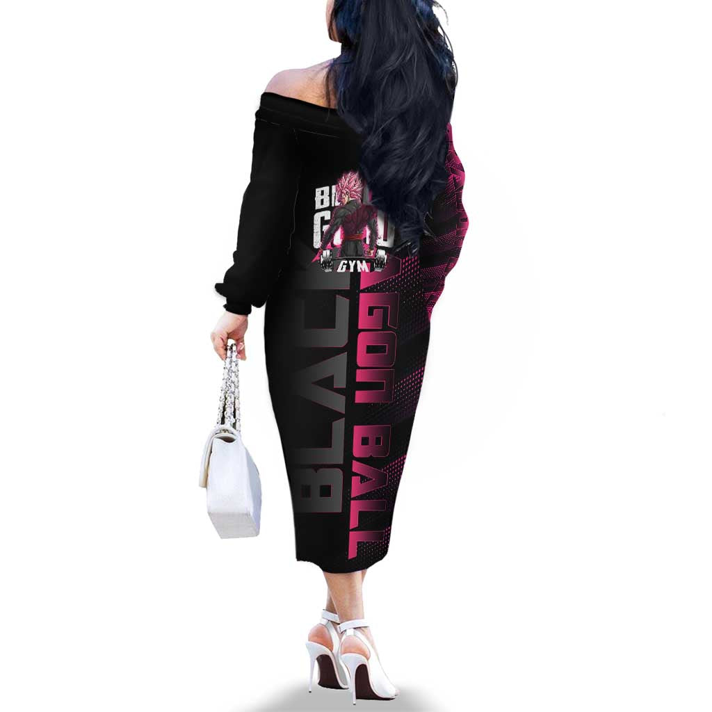 Goku Black Rose Dragon Ball Gym Theme Family Matching Off The Shoulder Long Sleeve Dress and Hawaiian Shirt with Dumbbell Power Lift and Pink Electric Aura on Black Design