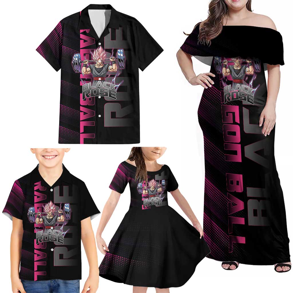 Goku Black Rose Dragon Ball Gym Theme Family Matching Off Shoulder Maxi Dress and Hawaiian Shirt with Dumbbell Power Lift and Pink Electric Aura on Black Design