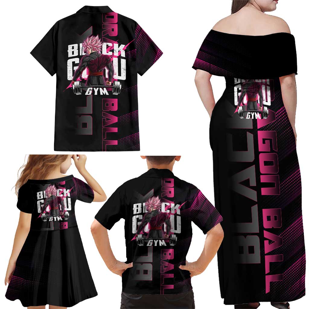 Goku Black Rose Dragon Ball Gym Theme Family Matching Off Shoulder Maxi Dress and Hawaiian Shirt with Dumbbell Power Lift and Pink Electric Aura on Black Design