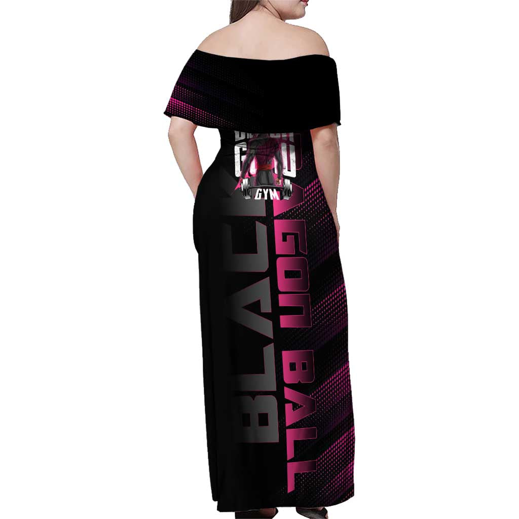 Goku Black Rose Dragon Ball Gym Theme Family Matching Off Shoulder Maxi Dress and Hawaiian Shirt with Dumbbell Power Lift and Pink Electric Aura on Black Design