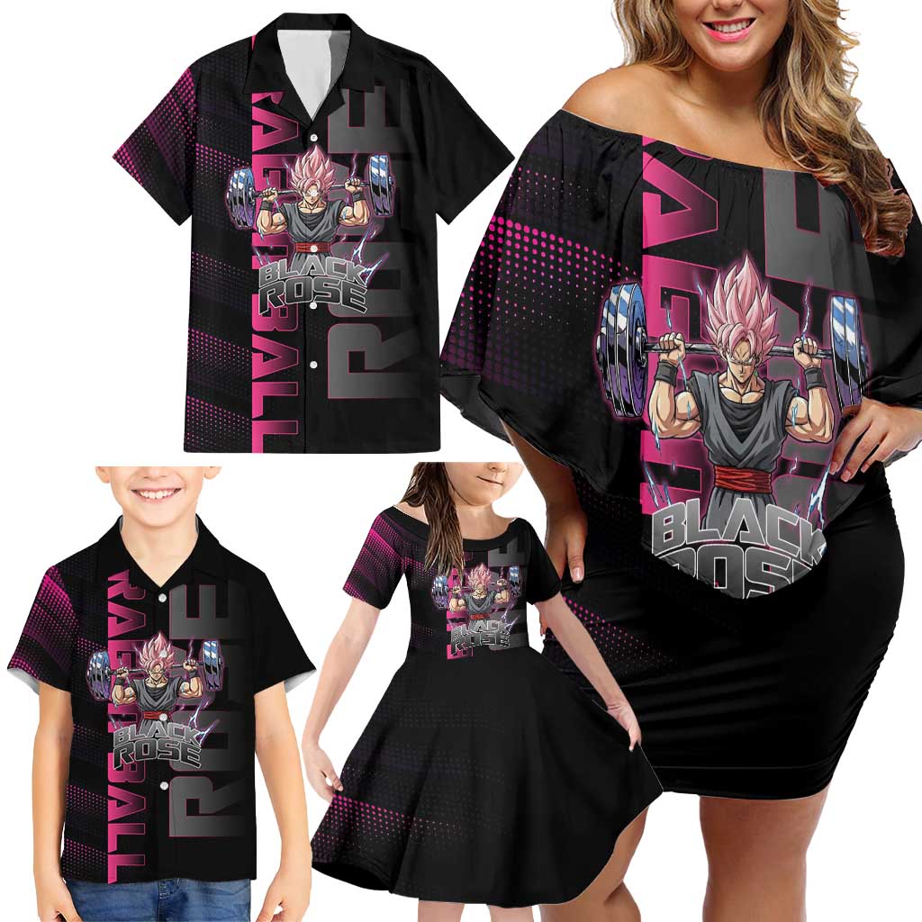 Goku Black Rose Dragon Ball Gym Theme Family Matching Off Shoulder Short Dress and Hawaiian Shirt with Dumbbell Power Lift and Pink Electric Aura on Black Design